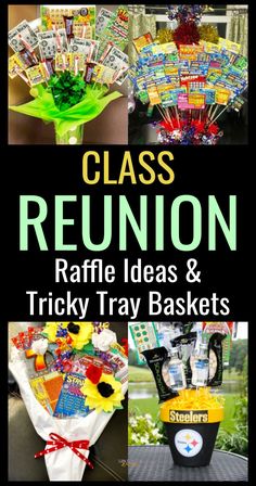 the front cover of class reunion raffle ideas and tricky tray baskets with pictures of them