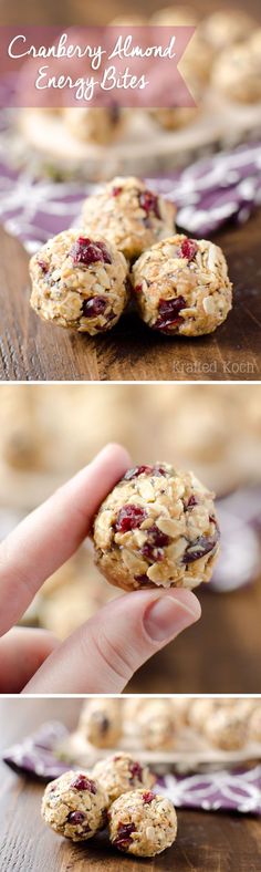 three different views of cookies with cranberry almond energy bites on the top and bottom