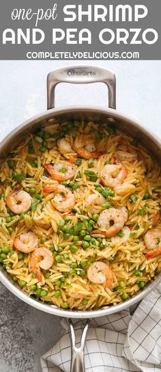 one pot shrimp and pea orzo is an easy dinner that's ready in less than 30 minutes