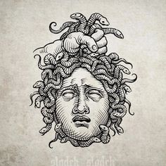 an ink drawing of a woman's head with snakes crawling around her hair and eyes