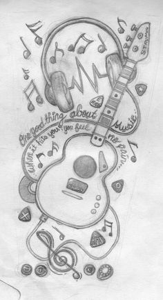 a drawing of a guitar with music notes and musical symbols on it's back