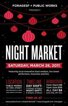 the night market flyer is shown in red and black