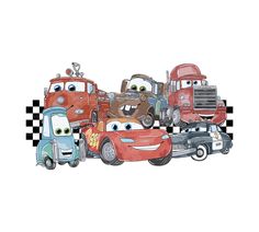 cartoon cars lined up on checkered black and white background