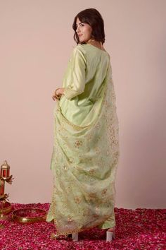 Mint green ombre kurta with gota embroidery in chevron pattern. Paired with sharara and floral jaal embroidered dupatta. - Aza Fashions Unstitched Pista Green Sharara With Dabka Work, Pista Green Dola Silk Sharara With Zari Work, Designer Green Palazzo Set With Dupatta, Pista Green Chinon Palazzo Set With Dupatta, Green Palazzo Set With Dupatta, Unstitched Pista Green Sharara In Chinon, Pista Green Sharara With Dabka Work And Traditional Drape, Pista Green Sharara With Dabka Work, Bollywood Style Green Palazzo Set With Sheer Dupatta