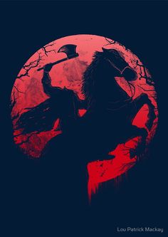 a person holding an ax in front of a red moon poster