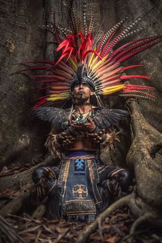 a man with feathers on his head sitting in the middle of some trees and branches