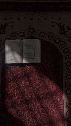 an open book sitting on top of a red carpet next to a wall with intricate designs