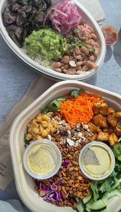 two bowls filled with different types of food on top of a table next to each other