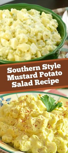 southern style mustarded potato salad recipe in a green bowl and on a colorful plate