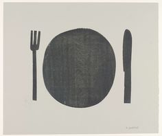 a black and white drawing of a plate, fork and knife