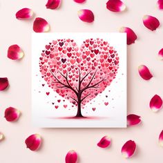 a valentine's day card with a tree made out of hearts and petals on a pink background