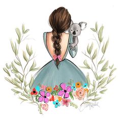 a drawing of a girl with a koala on her shoulder and flowers in the foreground