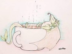 a drawing of a dragon in a teacup with water pouring out of it's mouth