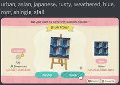 an animal crossing game screen with the caption blue roof on it's left side