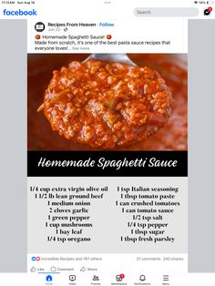 the recipe for homemade spaghetti sauce on facebook