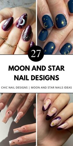 Find simple crescent moon nail designs in blue, purple, pink, and gold. Perfect for short nails and minimalist styles. Save this pin to your nail art board and check out the article for more ideas. Moon And Star Nail Designs, Purple Moon