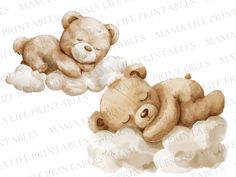 two brown teddy bears laying on top of each other in the clouds with their eyes closed