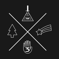 an image of three different symbols that are in the shape of arrows and trees on a black background