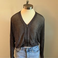 Silver Metallic Bomber Style Cardigan. 1/2 Zip Up. Ribbed Hem Detailing. Nwt. Zara V-neck Outerwear For Layering, Trendy Zara Cardigan For Layering, Casual V-neck Cardigan For Night Out, Casual Open Front Cardigan For Night Out, Zara V-neck Tops For Layering, Metallic Knit, Zara Sweater, Style Cardigan, Knit Cardigan