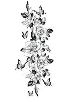 a black and white drawing of flowers with butterflies