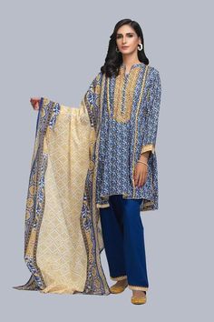 Casual Long Sleeve Sets With Printed Motifs, Casual Cotton Lawn Suit With Long Sleeves, Casual Long Sleeve Cotton Lawn Suit, Casual Unstitched Long Sleeve Sets, Long Sleeve Blue Tops For Eid, Casual Blue Lawn Suit For Summer, Indigo Long Sleeve Summer Sets, Casual Blue Lawn Suit For Eid, Casual Lawn Suit With Printed Motifs And Long Sleeves