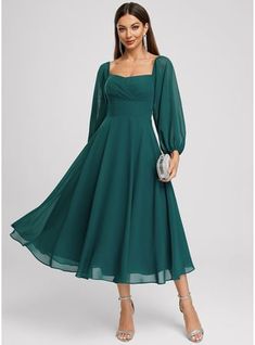 [US$ 114] A-line Off the Shoulder Square Tea-Length Chiffon Cocktail Dress  - JJ's House Cocktail Dresses With Sleeves, Cocktail Dress Wedding Guest, Chiffon Party Dress, Chiffon Cocktail Dress, Dresses Fall, Long Sleeve Cocktail Dress, Fall Wedding Guest Dress, Cocktail Dress Wedding, Tea Length Dresses