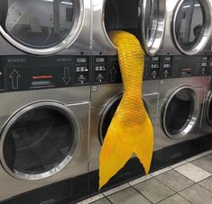 a gold fish is hanging from the front of a washer in a public laundment