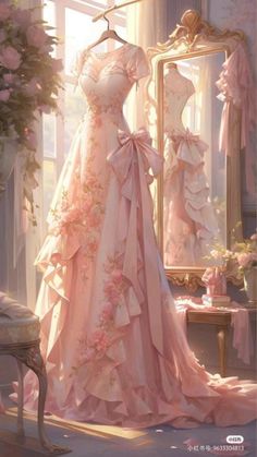 Fairy Long Gown, Historical Manhwa Outfits, Fantasy Gowns Princesses Fairytale, Pink Fairy Wedding Dress, Pink Fairytale Aesthetic, Pink Royal Dress, Princess Gowns Aesthetic, Princess Ball Gowns Fantasy Fairytale, Pink Princess Dress Fairytale