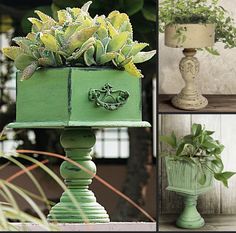 green planters with plants in them are displayed on pedestals next to each other