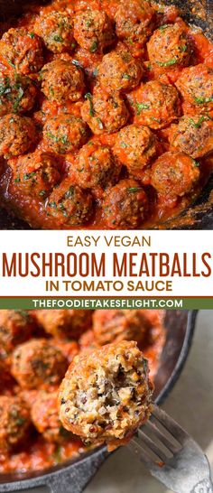 meatballs in tomato sauce being lifted from a skillet with the title text overlay