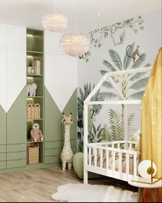 a baby's room decorated in green and white with an animal themed wallpaper