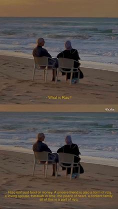 two people sitting in chairs on the beach facing the ocean and one person standing behind them