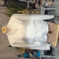 Brand New Never Worn No Tags. Size Large Trendy White Outerwear With Stand Collar, White Stand Collar Outerwear For Work, Casual Oversized White Blazer, Casual White Oversized Blazer, White Collared Blazer With Pockets, White Stand Collar Outerwear For Spring, White Long Sleeve Casual Blazer, White Long Sleeve Cropped Jacket For Fall, Rachel Roy