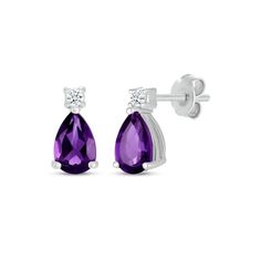 Petite and to the point, these amethyst earrings are a look she'll love. Crafted in sterling silver Each earring showcases a single pear-shaped amethyst drop Above, a single round-cut white lab-created sapphire lends a touch of sparkle Earrings secure with friction backs White Gold Amethyst Earrings Fine Jewelry, Purple Gemstone Accent Earrings For Anniversary, Fine Jewelry Amethyst Earrings With Prong Setting, Purple Amethyst Earrings With Prong Setting, Classic Teardrop Purple Earrings, Classic Sterling Silver Purple Earrings, Purple Teardrop Fine Jewelry Earrings, Classic Purple Sterling Silver Earrings, Purple Birthstone Earrings Fine Jewelry