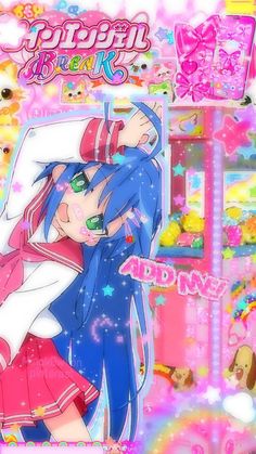 an anime character with blue hair and pink eyes hugging another character in front of a colorful background