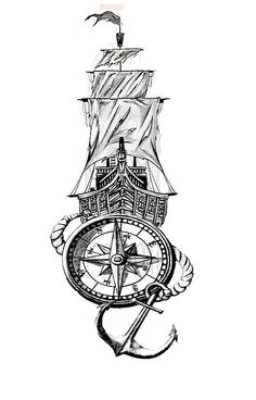 a black and white drawing of a sailboat with a compass on it's side