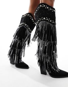 Shoes by SIMMI Shoes Yeehaw energy Embellished design Pull-on style Fringe detailing Pointed toe High block heel Simmi Shoes, Holiday Dress Outfit, Party Mode, Rave Outfit, Knee Boot, Black Wrap Dress, Maxi Dress Trend, Petite Maternity, Denim Mini Skirt