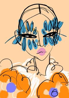 a drawing of a woman with blue eyes holding oranges in front of her face