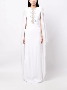 Jenny Packham Saga crystal-embellished Dress - Farfetch White Embellished Dress With Cape Sleeves, White Gown With Cape Sleeves For Evening, Jenny Packham Dresses, Cape Designs, Wedding Guest Looks, Versace Outfit, City Dress, Jenny Packham, White Crystal