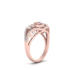 a pink gold ring with three stones on the side and two rows of diamonds in the middle