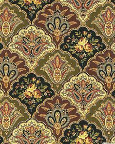 an ornate pattern with flowers and leaves in brown, yellow and orange colors greeting card