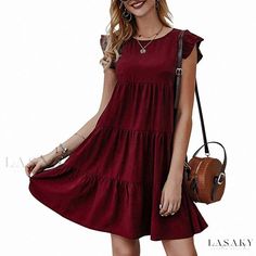 Lasaky - Solid Color Round Neck Short Sleeve Casual Dress with Pleated Ruffle Hem Ruffle Layered Dress, Tiered Dresses, Maroon Dress, Dress Cake, Cap Dress, Solid Color Dress, Daily Dress, Dresses For Teens, Loose Dress