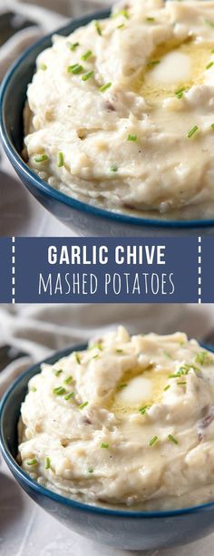 two pictures of mashed potatoes with garlic and chives