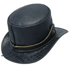 Black leather dragon / crocodile tophat with eye hatband and crocodile embossed leather crown. This black steampunk hat with eye has a universal fitting inside hatband for a comfortable fit. This eye steampunk tophat is one hat to watch (unless it's watching you), and is made of 4-5 oz. top grain cowhide leather. Sizes: S, M, L, XL, 2X. [5#] right side crocodile / dragon eye crocodile embossed leather crown and bill perforated crown for added breathability golden trim on eye filled hatband 5 inch tall crown tassel on back universal stretch headband inside top grain leather heavy 4-5 oz. cowhide leather IMPORTANT SPECIFICATIONS: MANUFACTURER: This quality product is a Jamin Leather® brand or other reputable brand that matches or exceeds our quality standards, for the price.LEATHER: Cowhide Leather Costume Hat With Curved Brim, Adjustable Leather Curved Brim Costume Hat, Adjustable Leather Costume Hat With Curved Brim, Steampunk Leather Hat With Adjustable Fit, Black Leather Steampunk Top Hat, Western Black Leather Top Hat, Black Leather Western Top Hat, Adjustable Leather Steampunk Hat, Vintage Black Leather Hat Bands