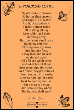 a poem written in black and orange on an orange background with leaves flying around it