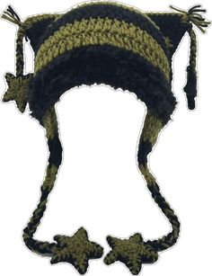 a crocheted hat with an ear flap and two bows on the brim