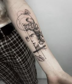 a woman's arm with an abstract tattoo design on the left side of her body