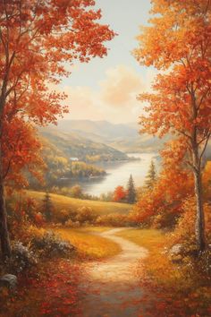 an oil painting of a path leading to a lake surrounded by trees in the fall