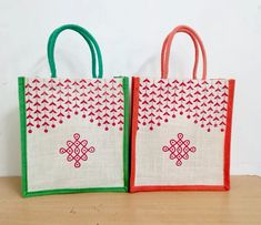 Echo friendly Jute bags with Kolam / Muglu designs. Simple but elegant pouches for gift hampers. Return gifts for house warming, baby showers, Diwali, Pongal and other Indian festivals Jute Pouches, Return Gift, Jute Bags, Indian Style, Indian Fashion, Pouch, Gifts