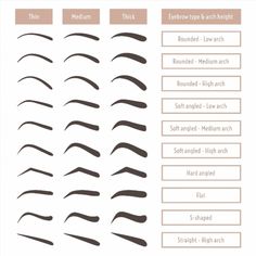 Eyebrow shapes. Various types of eyebrows. Classic type and other. Trimming. Vector illustration with different thickness of brows. Set with captions. Makeup tips. poster #poster, #printmeposter, #mousepad, #tshirt Brow Types, Amazing Wedding Makeup, Makeup Cantik, Wedding Makeup Tips